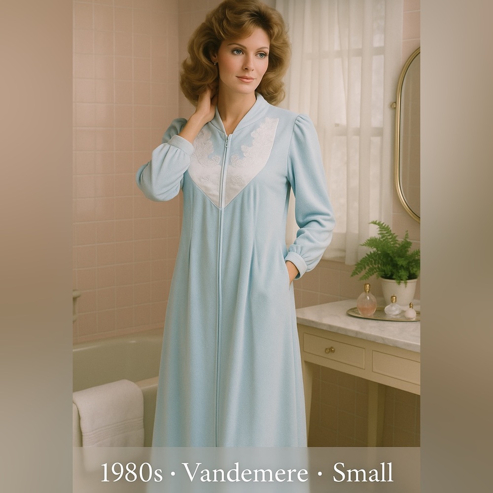 Vintage 1980s Vandemere Zip Robe Light Blue Satin Yoke Small USA Made